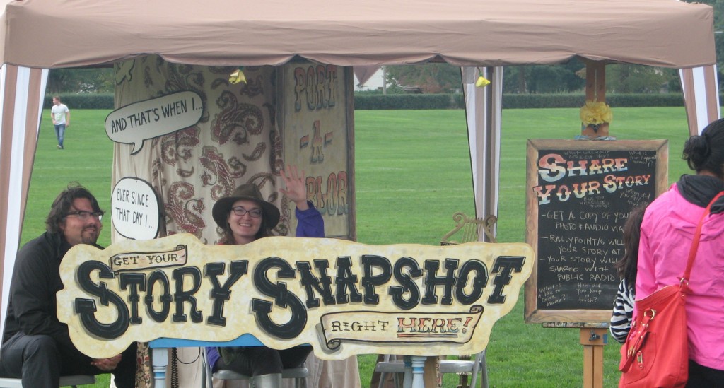 Megan Sukys and Tad Monroe settin' a spell with storytellers in the field.