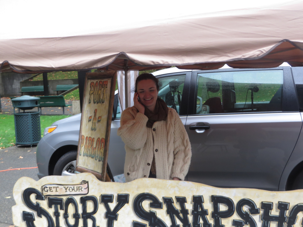 Megan on the "Story Phone", planning our next Story Snapshot Booth event.